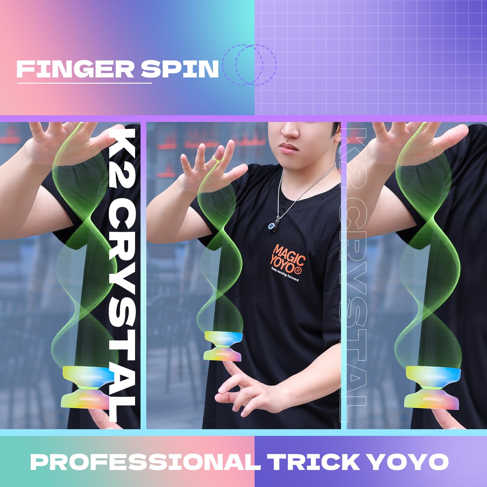 Responsive Yoyo for Kids Beginners, Professional Yo yo Crystal K2, Dual Purpose Yo-Yo for Adults + Extra Unresponsive Yo Yo Bearing + 12 YoYo Strings + Storage Bag ( Yellow Pink Blue Gradient)