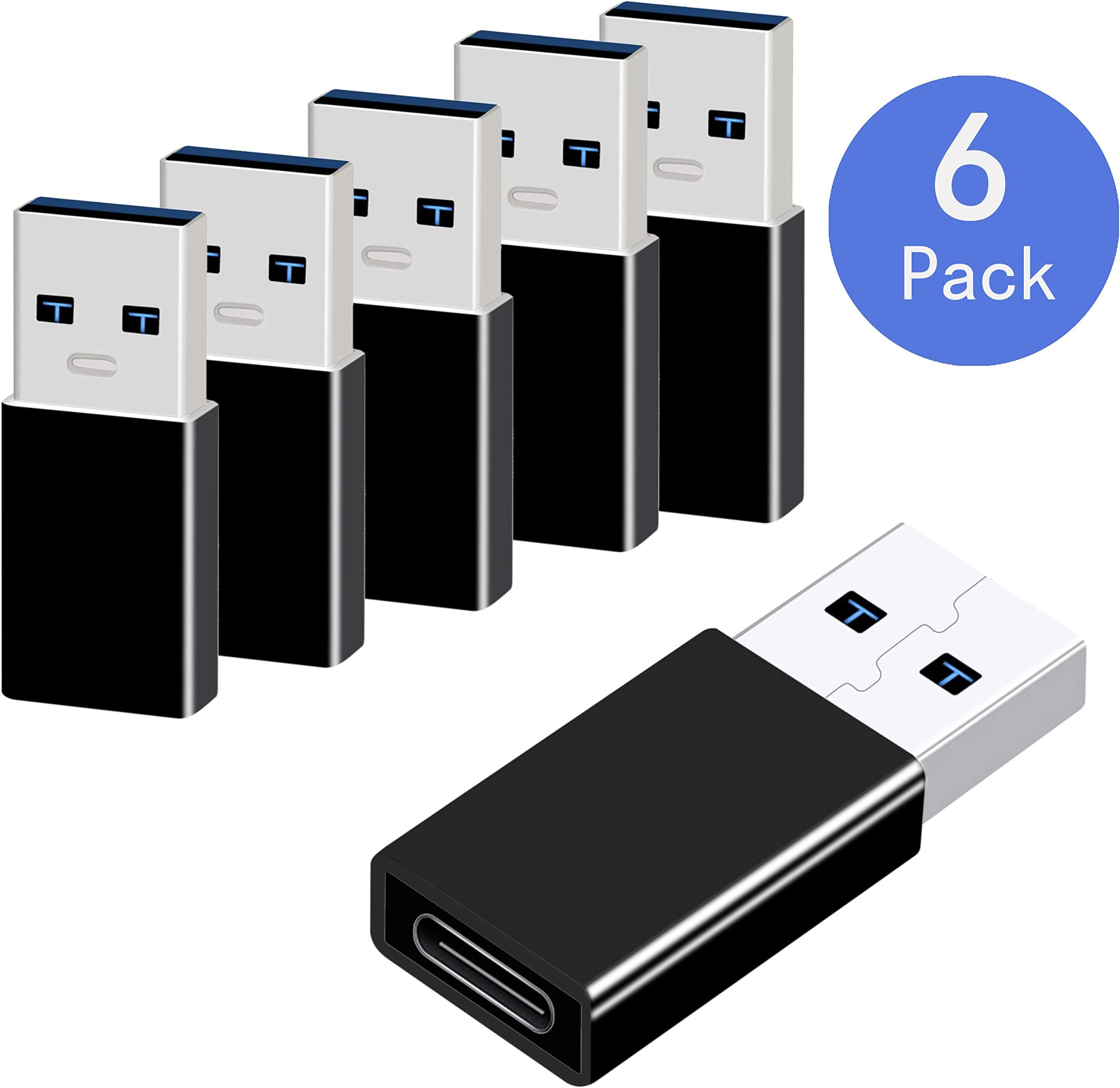USB C to USB 3.0 Adapter 6 Pack, Converts USB C Female to USB 3.0 Male Compatible with USB C Charge Cable, Laptops, Galaxy S8, S8+, S9, MacBook, Sony XZ, LG V20 G5 G6 (Black)