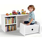 Faesun Kids Bookshelf with Bench, Toddler Table with Reading Nook, Montessori Shelf with Fabric Drawer, Toy Organizers and Storage for Kids Rooms, Nursery, Playroom, Bedroom, White