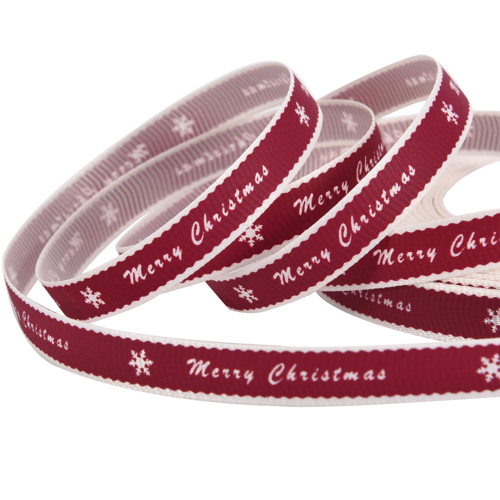 98.4 Feet Red Merry Christmas Ribbon Roll for Craft Gift Wrapping Xmas Snowflake Ribbon for Present Packaging Holiday Party Decorations Favors Supplies, 10 mm Wide