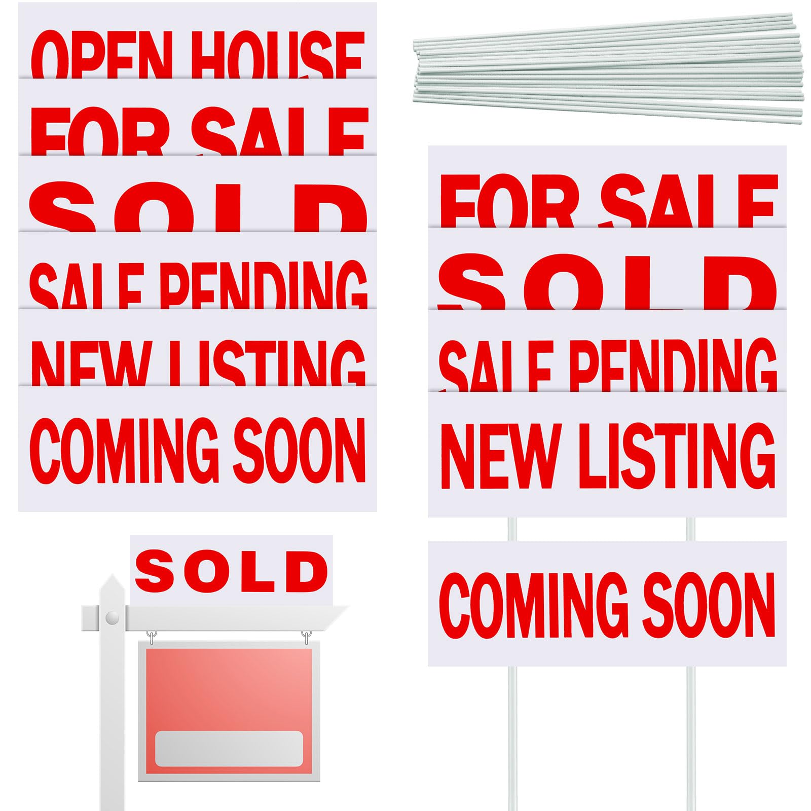Photo 1 of Juexica 12 Pcs Real Estate Rider Signs, 24 Stakes, 6 x 17.2 Inch, Coming Soon Sold Sign Open House Signs for Real Estate Bundle Double Sided Waterproof Plastic with 6 Different Messages Supplies