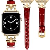 Leather Band Compatible with Apple Watch Bands for Women, Dressy Fancy Strap for iWatch Series 11/10/9/8/7/6/5/4/3/2/1/se(38mm 40mm 41mm 42mm,Red/Gold)