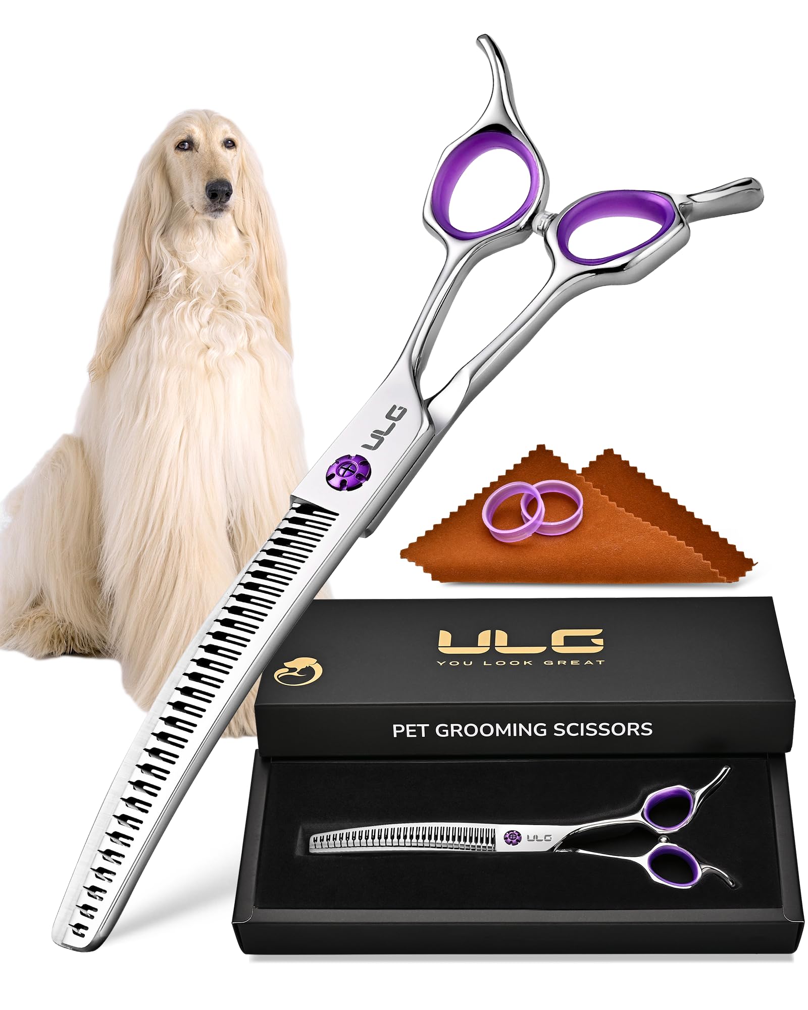 Photo 1 of ULG 7.5” Dog Grooming Chunker Shears – 30° Curved Pet Grooming Scissors, Japanese 440C Stainless Steel, 30 Comb & Chunker Teeth, 60% Thinning Rate, Reversible Butterfly Handles for Face, Nose & Body