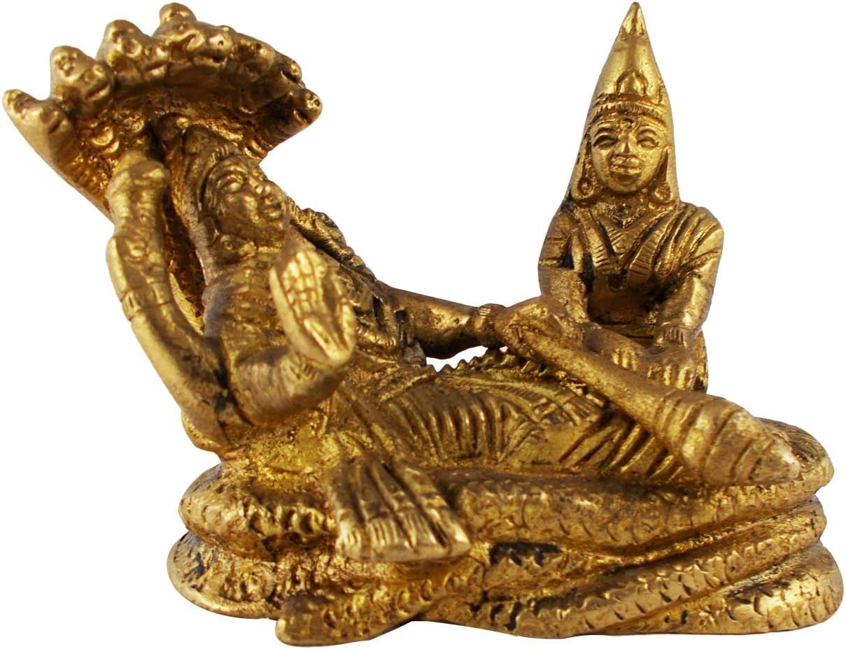 Lord Vishnu Luxmi with King of Snake (Sheshnaag) Antique Statue Brass Indian Handmade Religious Sculpture Collectible Figurine Metal Art Home Decor
