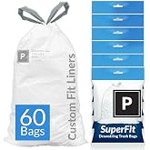 Reli. Code P Trash Bags (60 Count) | Compatible with Simplehuman Code P | Garbage Bags Drawstring | Custom Fit Liners | 50-60 Liter 13-16 Gallon | White