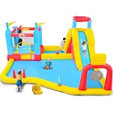 WELLFUNTIME Inflatable Water Slide with Blower, 10-in-1 Water Bounce House | Bouncer with Climbing Wall, Two Basketball Rims, Dartboard, Ring Toss, Deep Splash Pool &amp; Water Cannon, 176 x 172 x 84 Inch