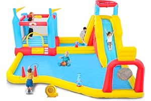 WELLFUNTIME Inflatable Bounce House with Blower, Bouncy Castle with Climbing Wall, Dual Basketball Hoops, Dartboard, Ring Toss