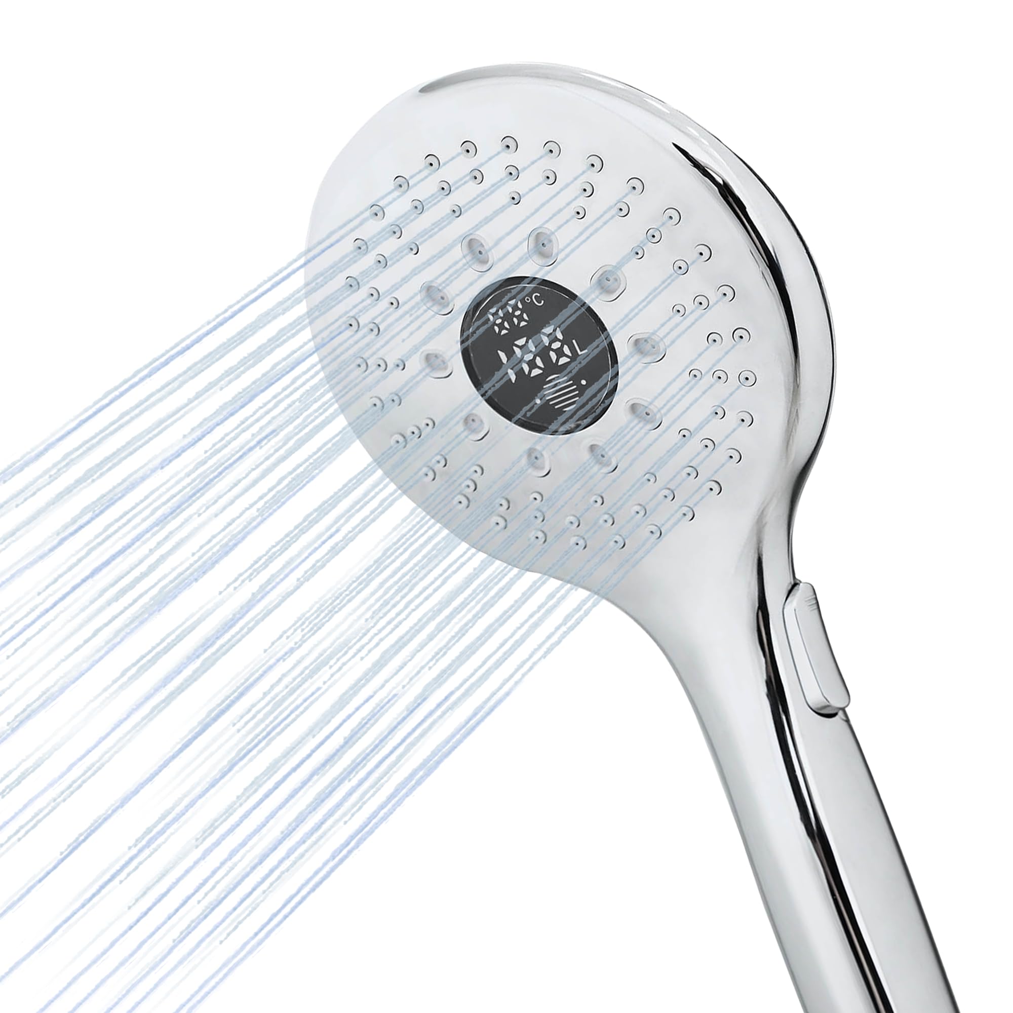 Shower Water Monitor & Digital Timer – Flow Meter, Temperature Display, Self-Powered Water & Energy Saving for Bathroom & Caravan – LOWENERGIE (Round)