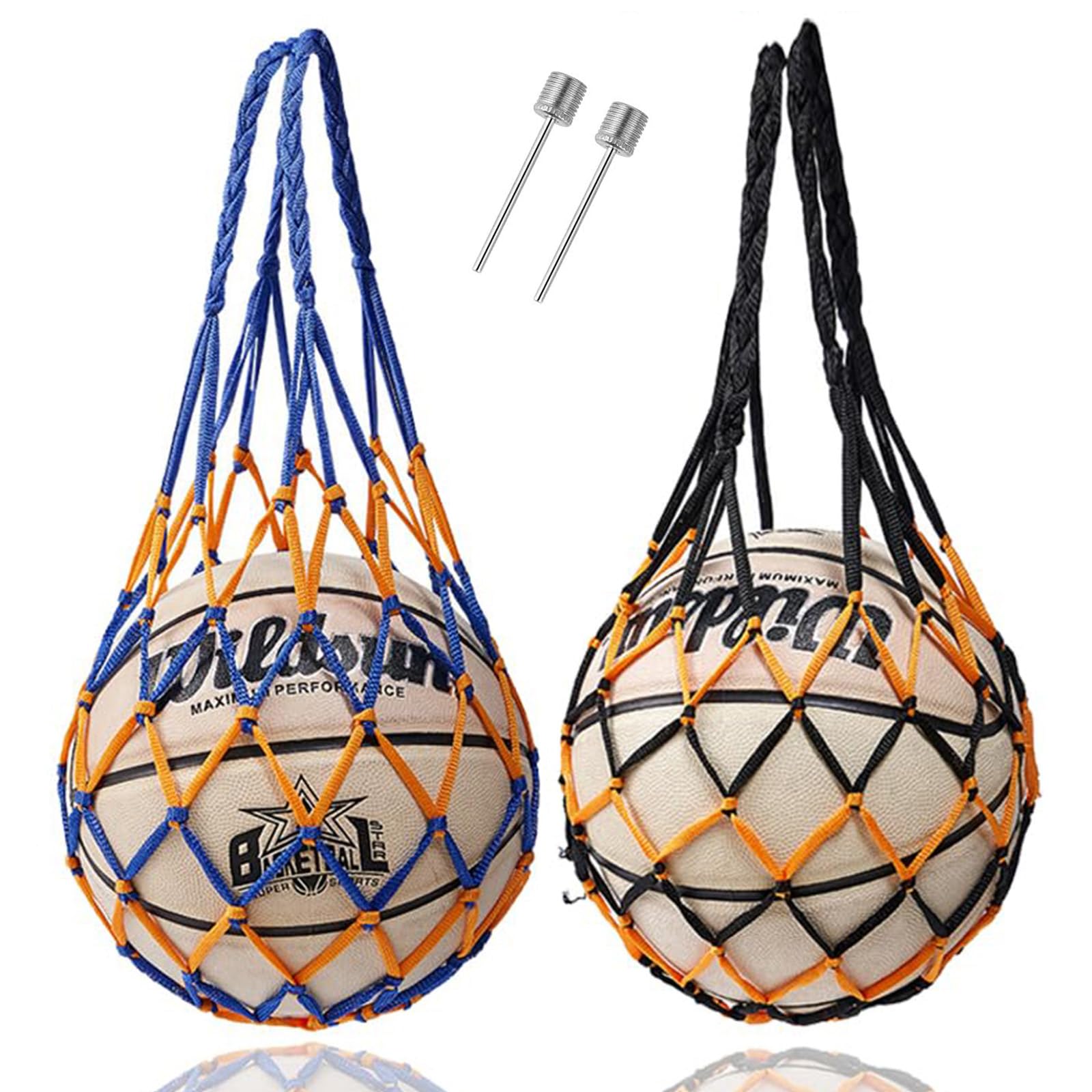 Ball Mesh Bag,2 Pcs Basketball Net Bag Soccer Football Mesh Storage Sports Ball Holder Nylon Carry Bag for Various Ball Storage Mesh Ball Bag with 2 Ball Inflation Needle