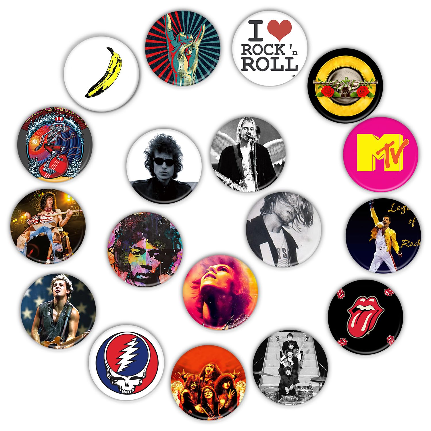 GTOTd I Love Rock and Roll Pin Badges (18 Packs 1.5inch 3.8cm）Gifts Decor Brooch Cool Music Band Badges for Bags Backpack Jacket Clothing Accessories Crafts for Teens