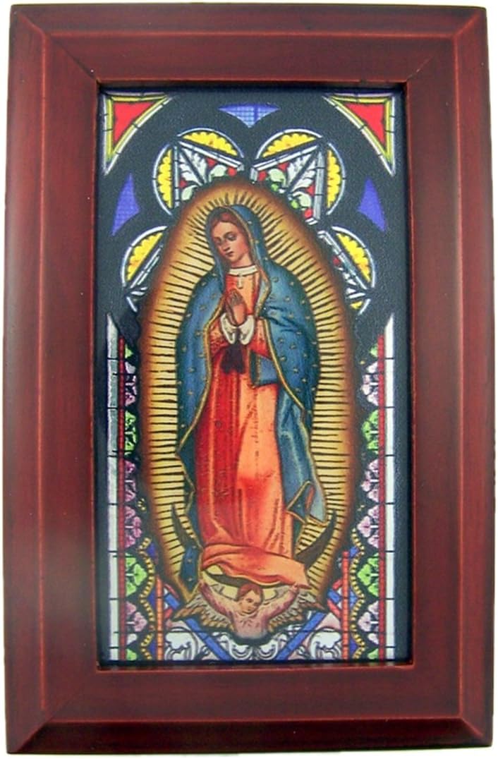 Catholic Religious Our Lady of Guadalupe Stained Glass Mahogany Wood Musical Jewelry Box, 6 1/2 Inch