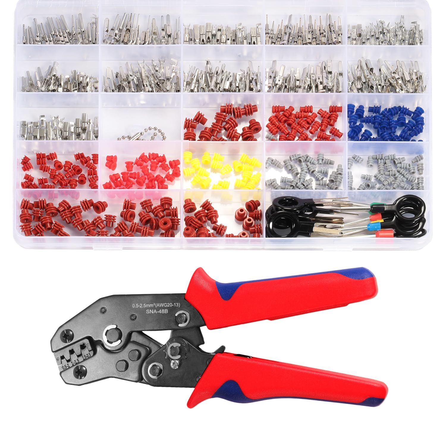 Photo 1 of 26 Types Automotive Connector Kit With Wire Crimping Tool, 1/1.5/1.8/2.2/2.8/3.5mm Terminal Pins, Pin Removal Tool for 22-14 AWG Molex Style Deutsch DELPHI AMP JST TYCO Connectors
