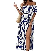 MakeMeChic Women's Floral Print Boho Summer Dress Off Shoulder Shirred Split Thigh Midi Long Dresses