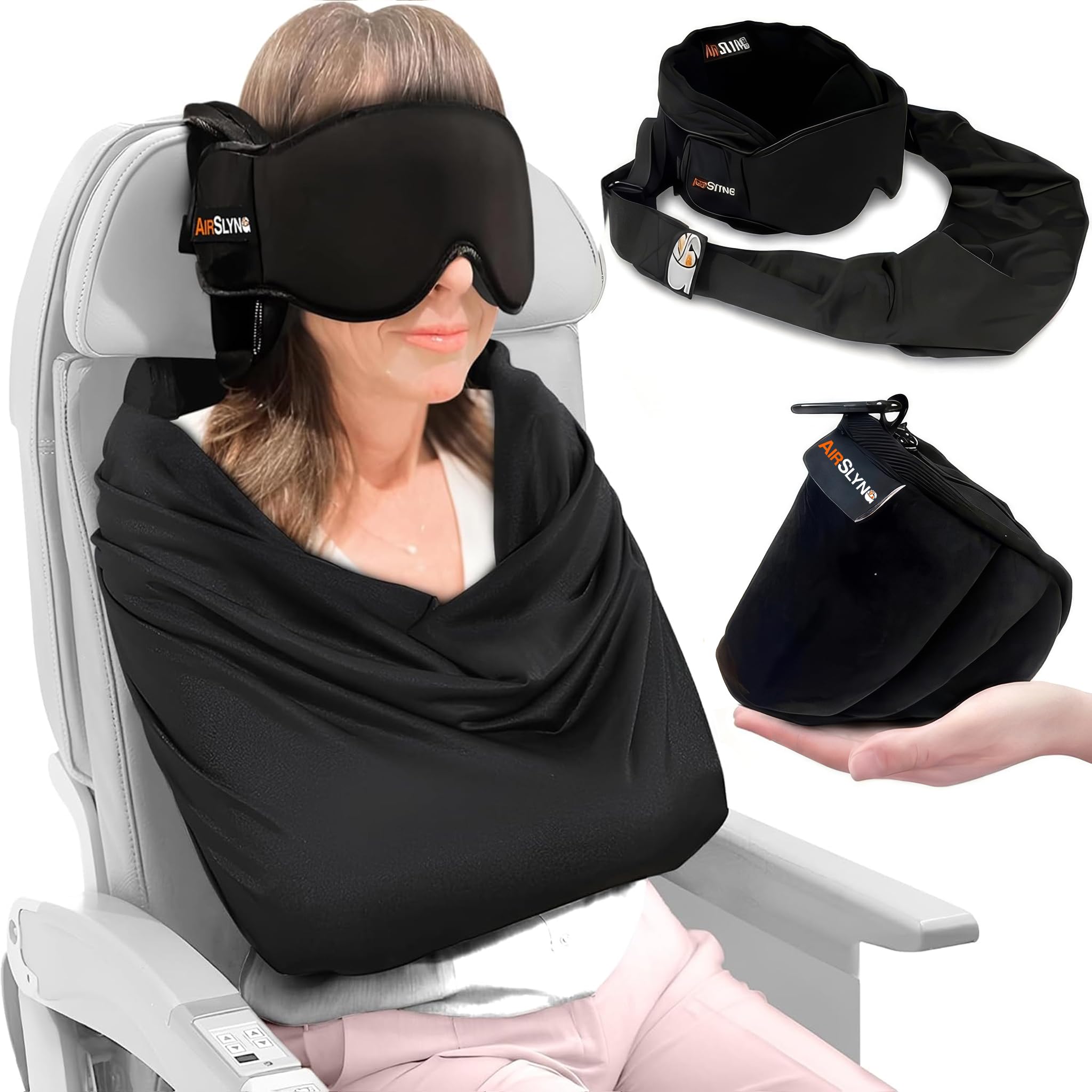 Photo 1 of 3-in-1 Airplane Sleep Support System - Integrated Plane Sleeping Accessories with Memory Foam Long Haul Flight Pillow, Adjustable Travel Eye Mask, and Blanket-Like Body Sling - Fits in Carry On