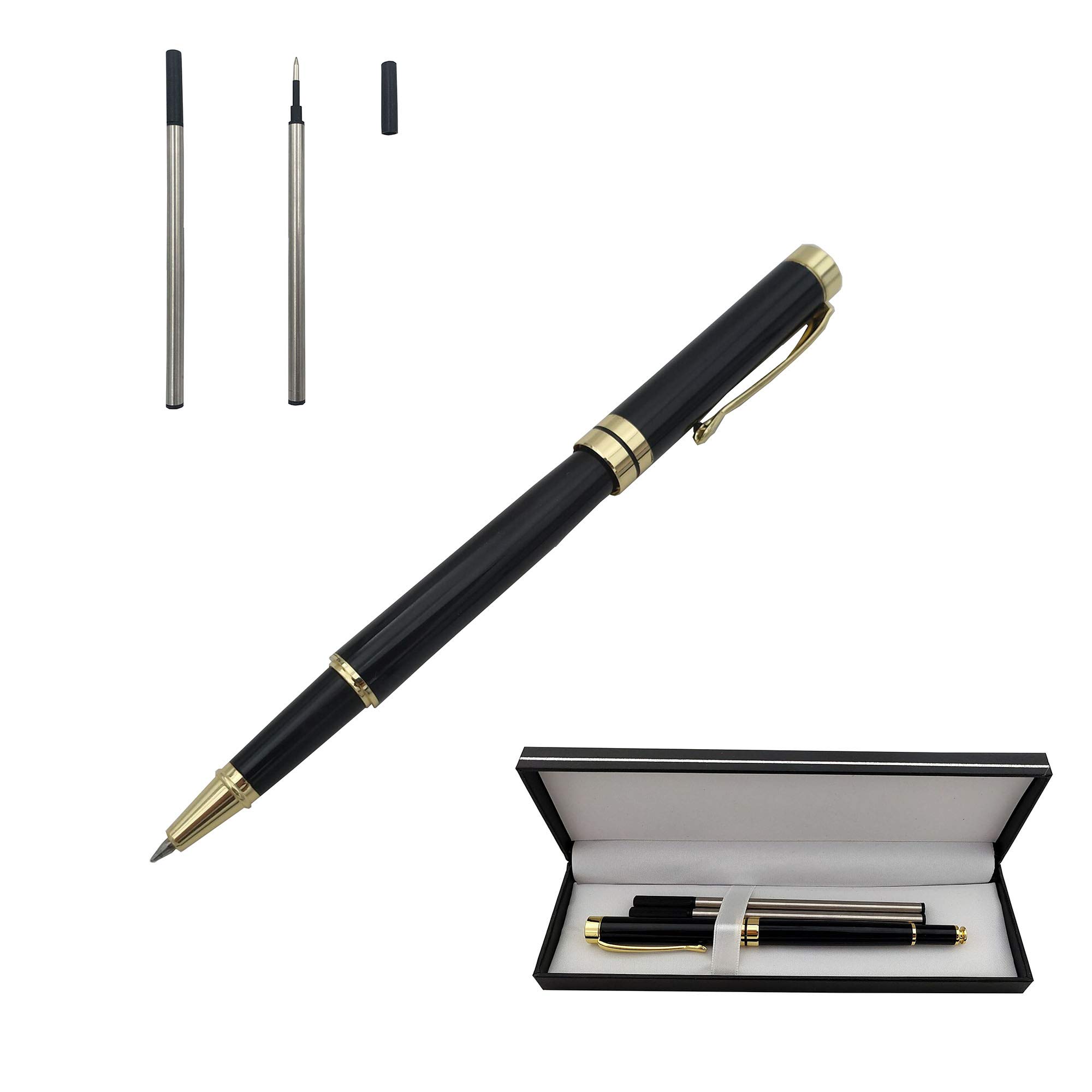 Accod Business Ballpoint Pen Black Metal Pen 0.5MM Signature Pen with Two Replaceable Refills Gift Box (Black)
