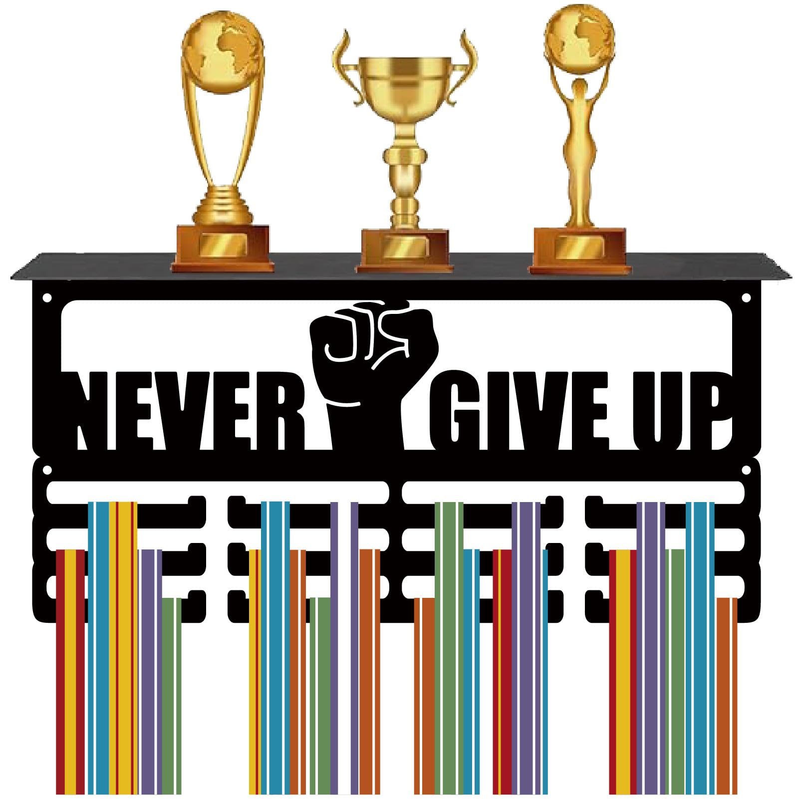 CREATCABIN Never Give Up Trophy Display Shelf Sports Medal Awards Rack 3 Lines Medal Wall Hanger Hooks Wall Mount Ribbon Badge Exhibition Holder for Gymnastics Soccer Running Race Medalist 7.9x15.7in
