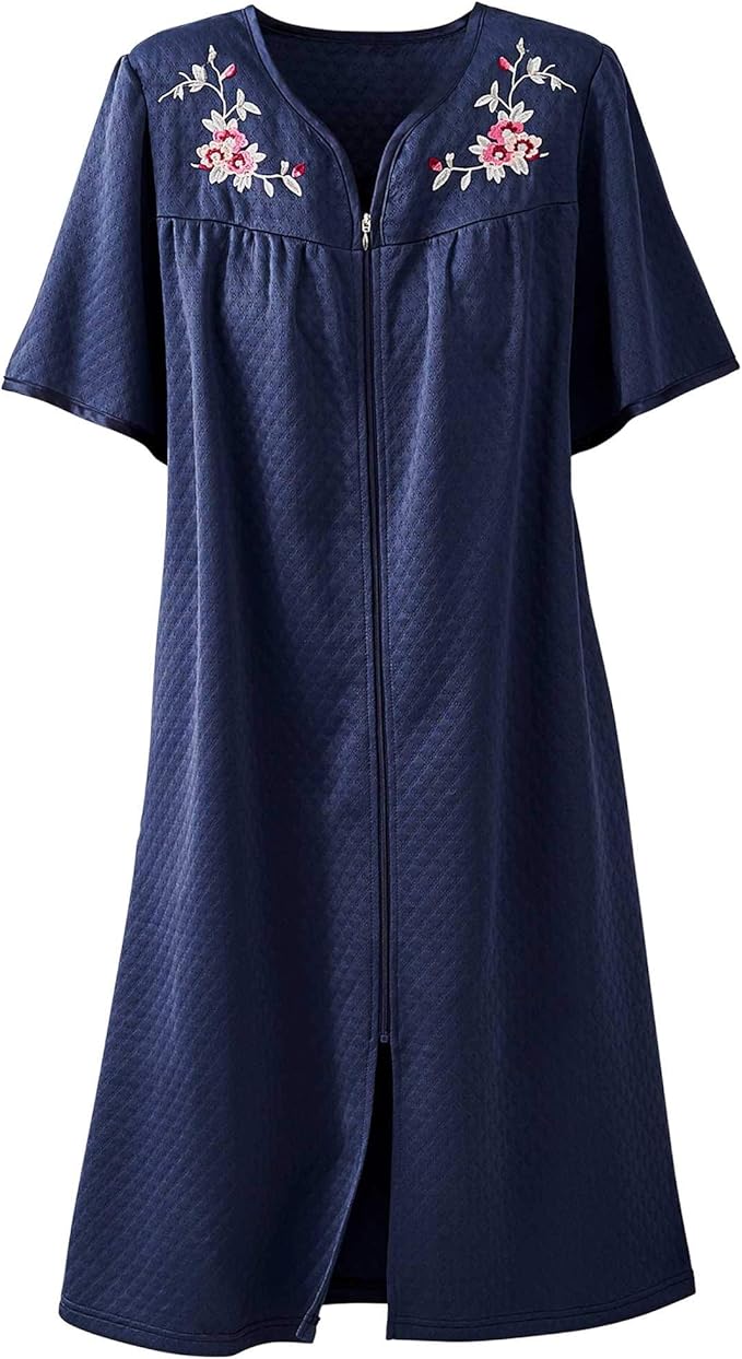 National Quilted Knit Robe ZipFront Short Sleeve Flower Embroidery