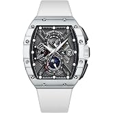 BONEST GATTI Skeleton Chronograph Men's Automatic Watch Tonneau Luminous | Date 30MWaterproof Sapphire Glass Square Big Face Unique Fashion White Quick Release Strap Carbon Fiber Case Mechanical Gift