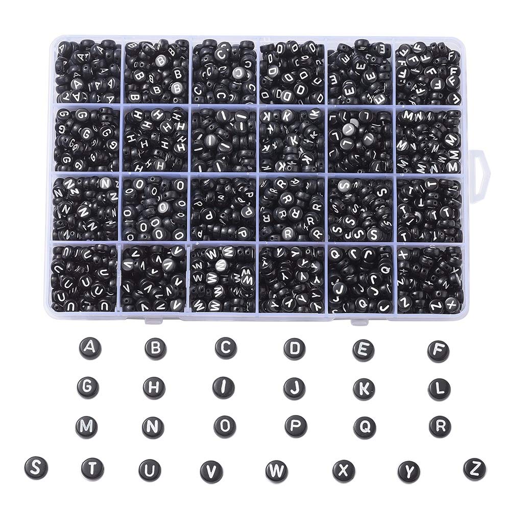 Cheriswelry 1776pcs/box Black Acrylic Alphabet Beads White A-Z Letter Spacer 7mm Flat Round Disc Coin Charms for Name Bracelet Necklace Jewellery Making