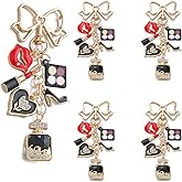 PHAETON 5PCS Fashion Keychain Charm, Gold Bow with Makeup Theme Charms, Lipstick Eyeshadow Perfume Bottle High Heel Heart for Women Gift