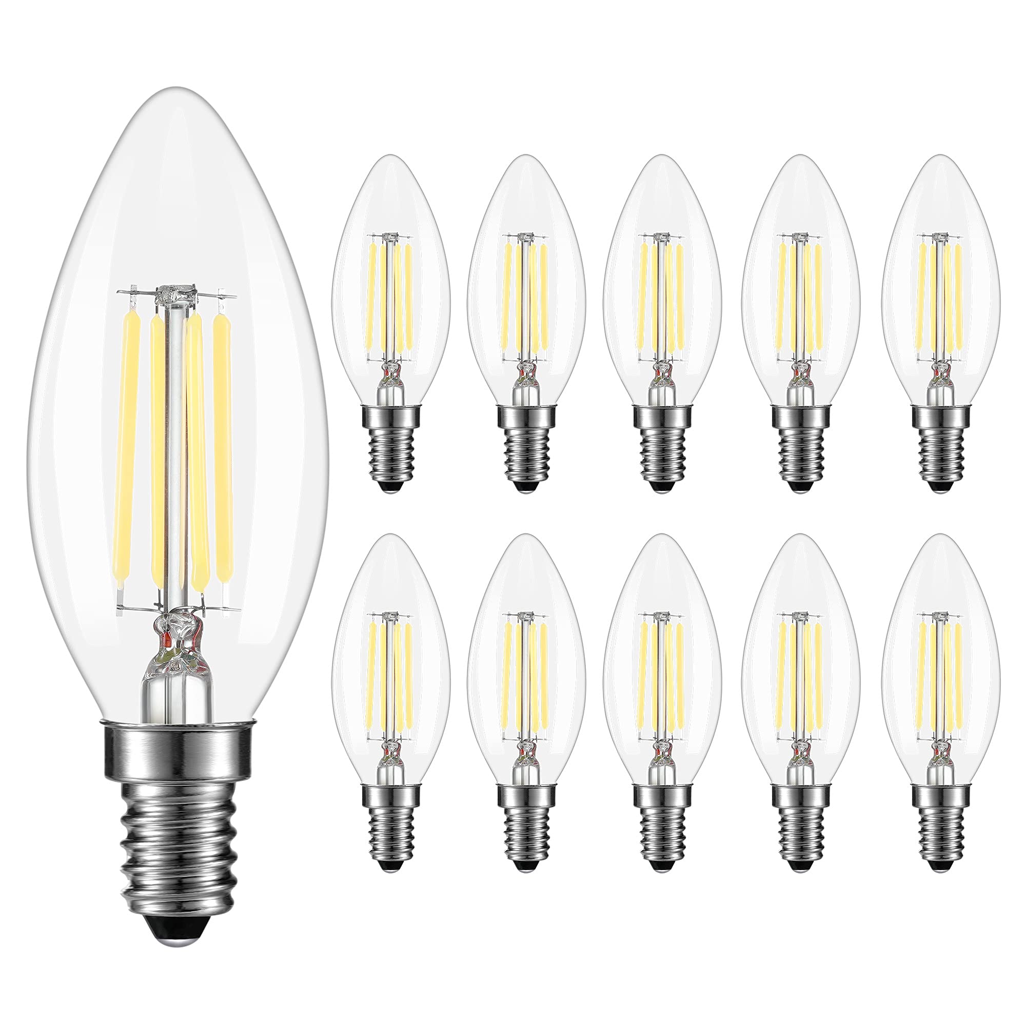 10 Pack, E14 LED Dimmable Filament Candle Light Bulbs, LED Bulb 6000K Cool White, 4W C35 Small Edison Screw Candelabra LED Bulb, 40W Incandescent Bulb Equivalent