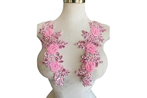 JPUMLEY.PKSN Jpumley. Pksn Handmade Rhinestones on Lace Applique Trim Sewing Beads Sequins Trim Patches for Wedding Dress Accessories 1Pair/Bag 6X14inches (Pink)