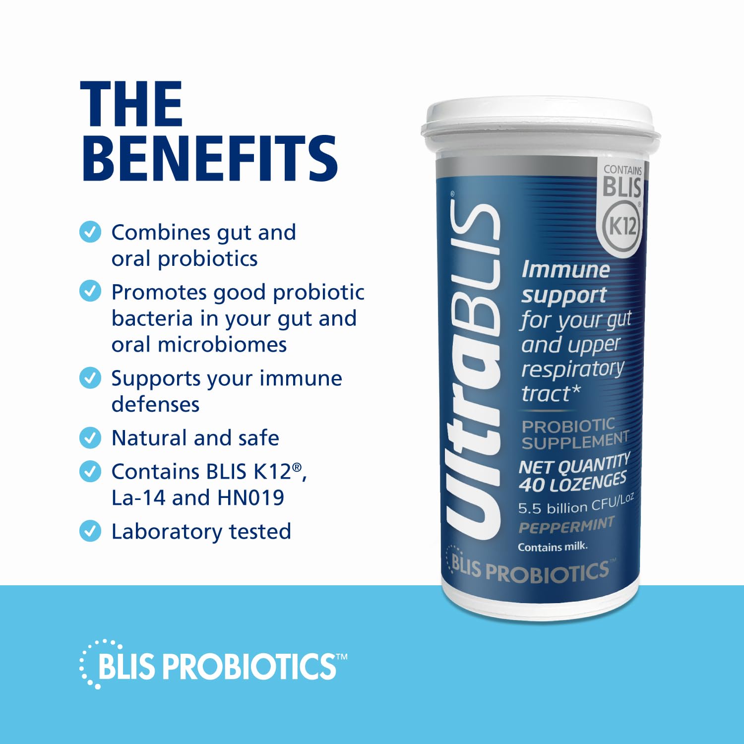 BLIS UltraBLIS Probiotic Immune Support - Gut & Oral Health, K12, Peppermint - 40 Lozenges