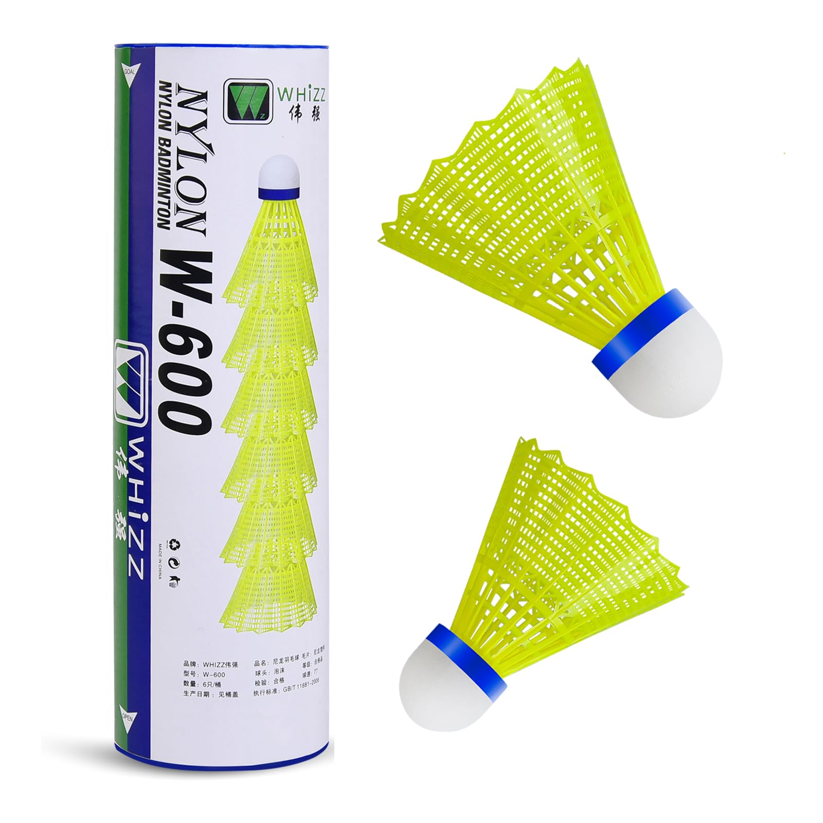 BAIHUALIN WHiZZ Shuttlecocks Badminton Durable Nylon Shuttles for Indoor Outdoor Recreational Game Practice Sports, 6x Yellow