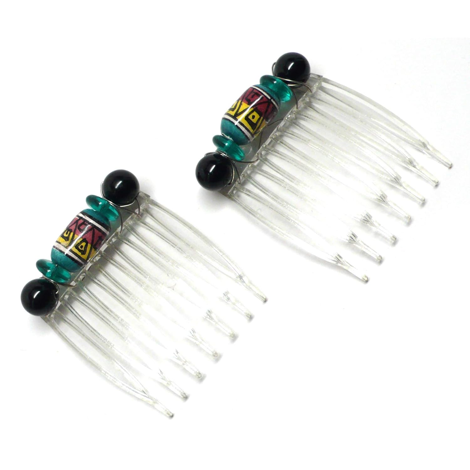 Set of 2 Small Hair Combs Peruvian Ceramic White Blue Green