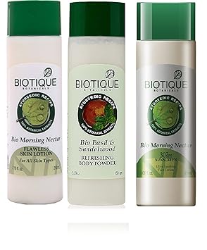 Biotique Morning Nectar Sunscreen SPF 30, Skin Flawless Lotion and Basil and Sandalwood Powder - The Complete Summer Kit