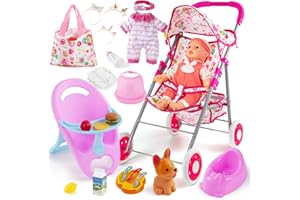 seppacio Baby Doll Stroller Toys Set with 12.5" Doll for 3-7 Girls, Foldable Stroller, Dining Chair, Accessories & 1 Outfits,Pretend Play Baby Doll Toys for Girls Ages 3-7