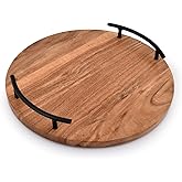 NIRMAN Serving Tray Round Wood Serving Tray with Iron Handles Display for Vintage Home Decor, Farmhouse Kitchen Counter Centerpieces (12" x 12" x 1.75")