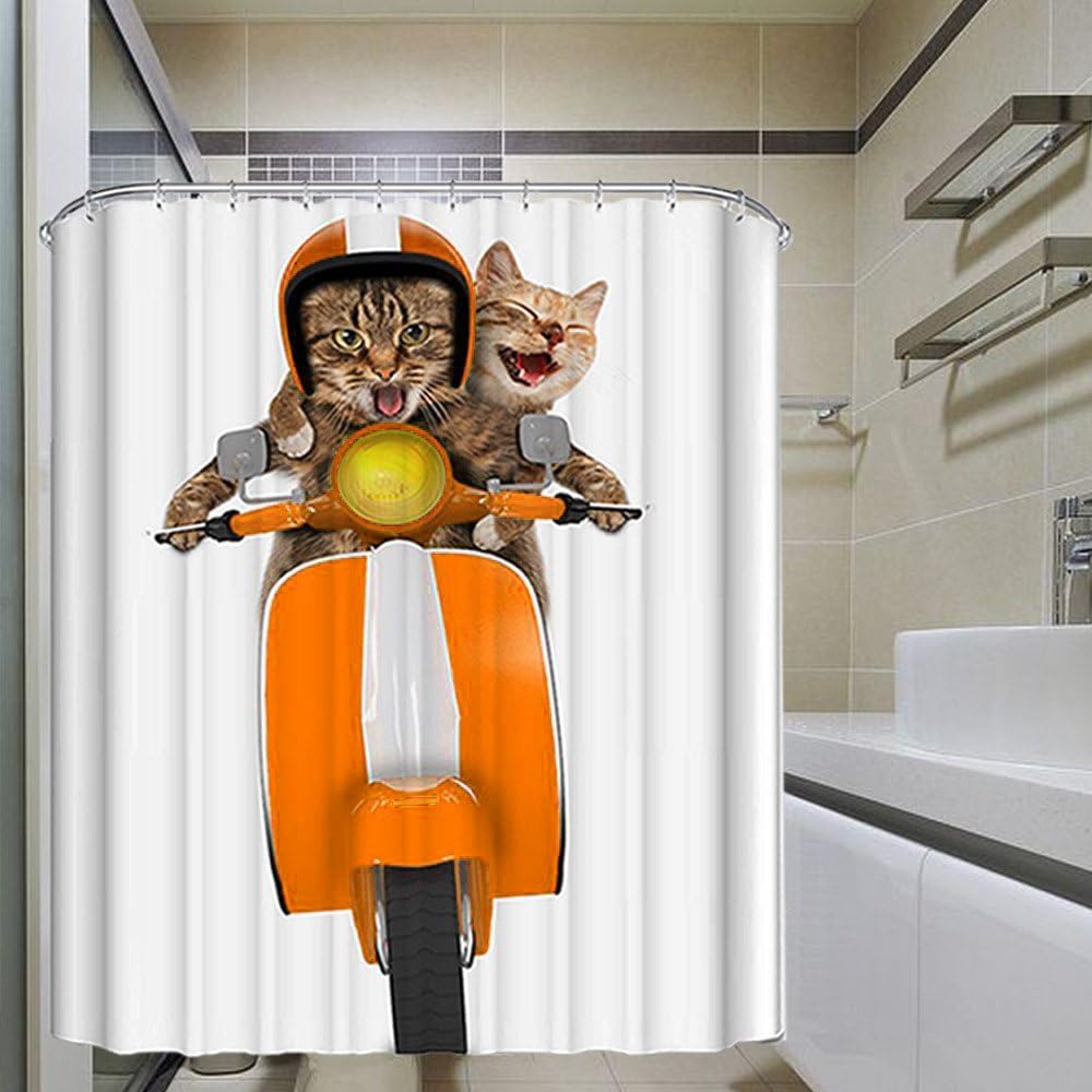 Monsiter Shower Curtain with Creative Motorcycle Cat Printing Machine Washable Eco-friendly Waterproof and Mildew Proof Antibacterial Polyester Fabric with Hooks (72 × 72 inches)