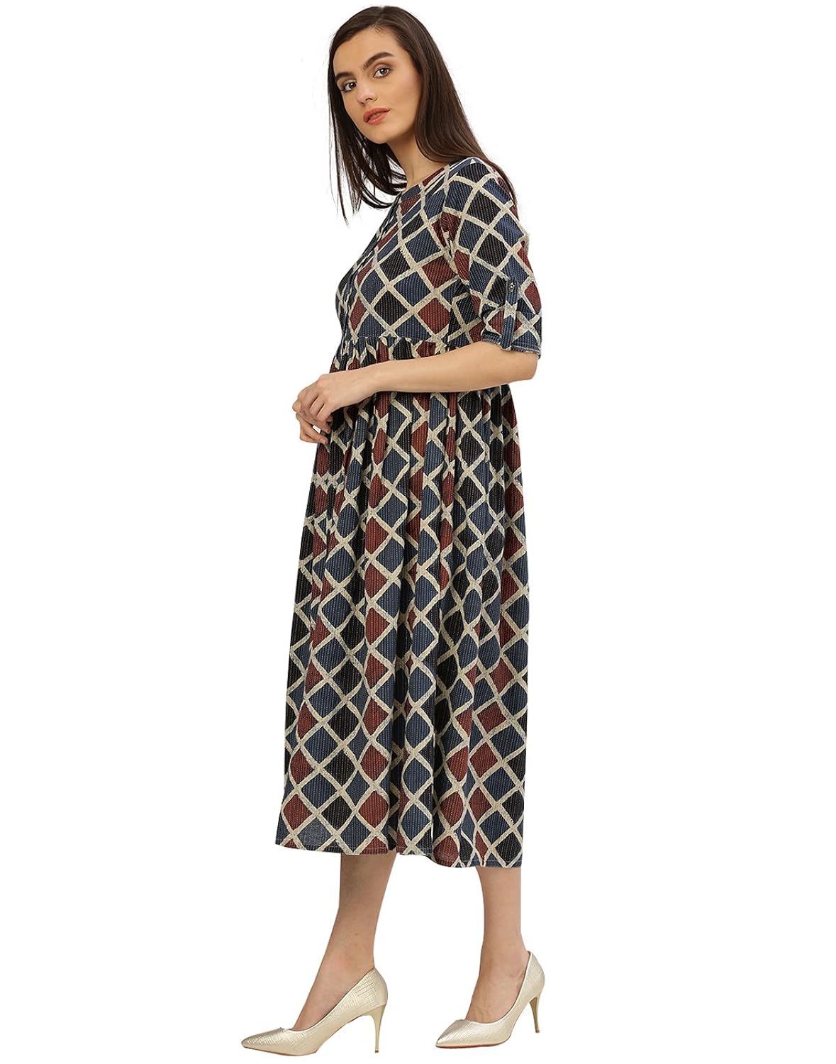 desi fusion women's a-line geometric print cotton kantha dress