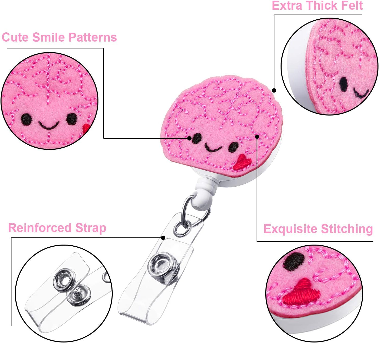 3 Pieces Brain Badge Reel Cute Felt Retractable Badge Holder ID Badge Reel Alligator Clip for Men Women Nurse Doctor Teacher Student - Image 4