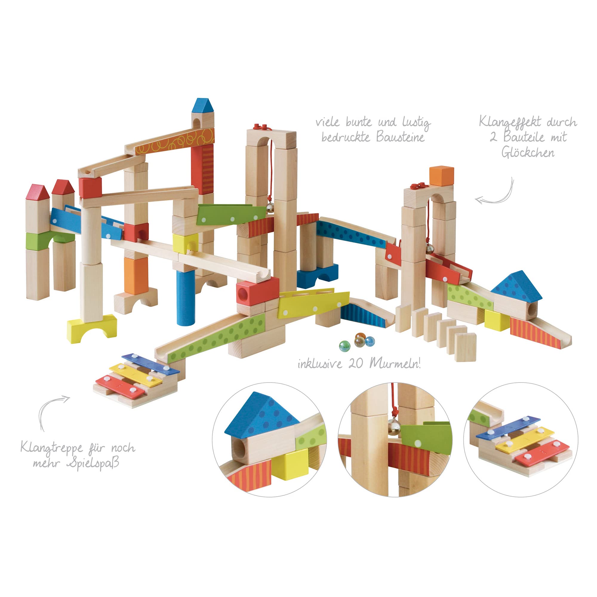 Wooden Marble Run Set - 100 Pieces, 20 Glass Marbles & 80 Building Blocks, Ages 3+