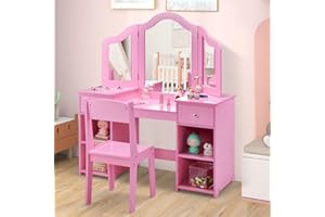 AKUSTIK Kids Vanity, 2 in 1 Wooden Princess Makeup Table and Chair for Toddlers with Tri-Folding Detachable Mirror, Storage Drawers for Little Girls, Pretend Beauty Dressing Desk Play Set Toy Gift