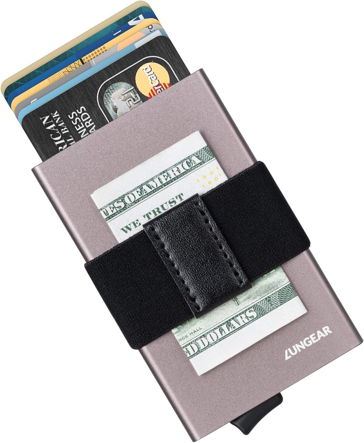 LUNGEAR Credit Card Holders with Detachable Belt RFID Blocking Automatic Pop Up Slim aluminium Case for Men and Women (Nickel Grey)