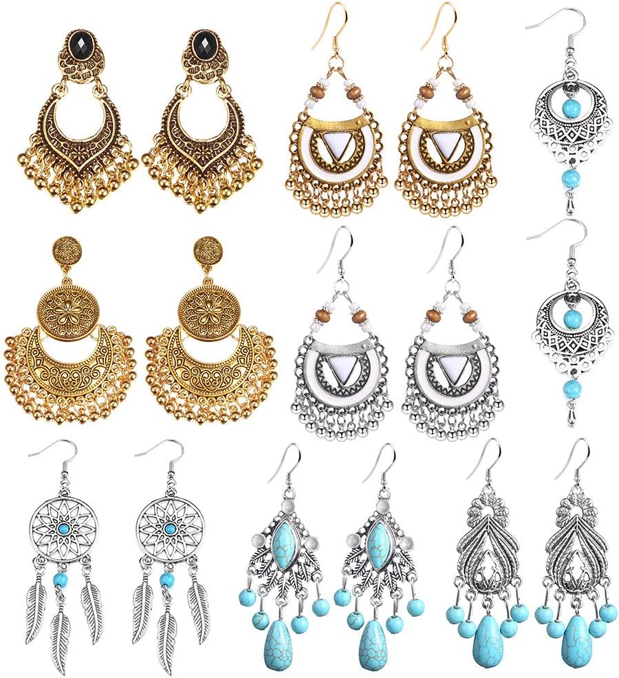 hefanny 8 Pairs Vintage Tassel Boho Drop Dangle Earrings National Style Hollow Waterdrop Petal Leaf Beaded Statement Earrings for Women Girls