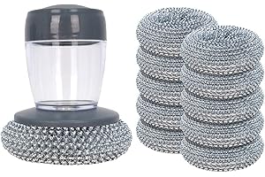 Comfort Grip Soap Dispensing Kitchen Scrub, Steel Wool Scrubber with Handle, Dish Brush with Soap Dispenser,for Cleaning Dish