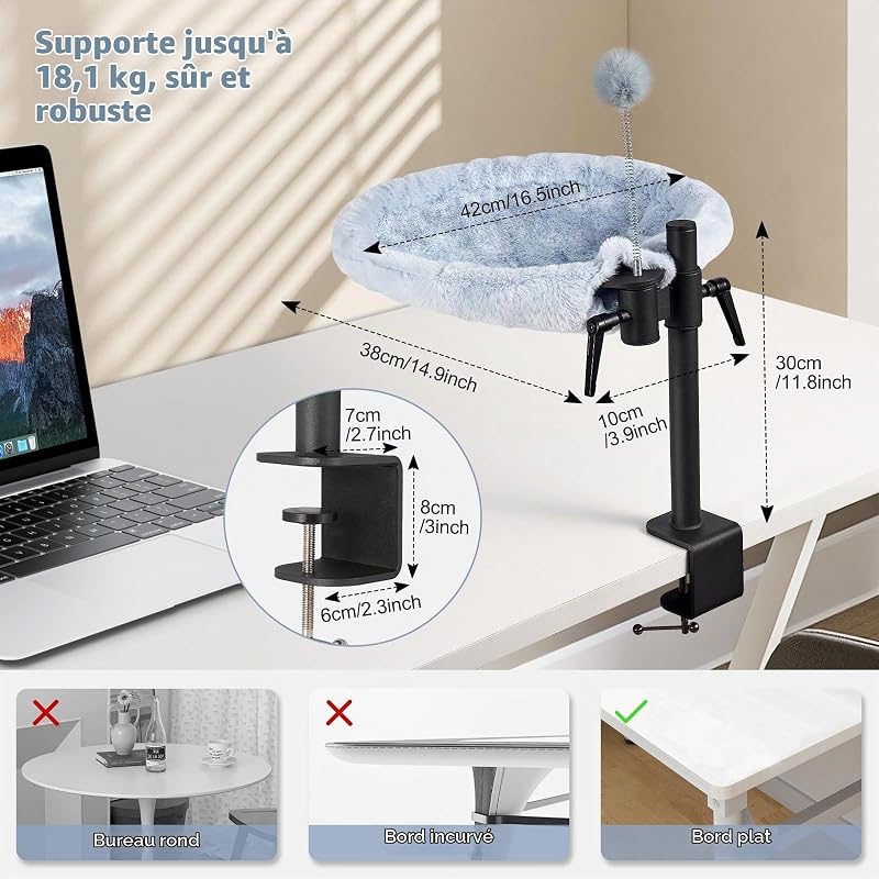 Lit de Bureau pour Chat - Rotation à 360° réglable en Hauteur - Hamac pour Chat d'intérieur avec Maille et Tissus lavables en Peluche (Blanc)