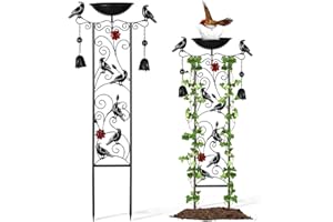 Qmetalart Black Bird Garden Trellis, Metal Birds Bath with Trellis for Outdoor, Halloween Plant Trellis with Wind Chime, Antique BirdBath for Climbing Plants with Detachable Iron-Bowl for Witchy Decor