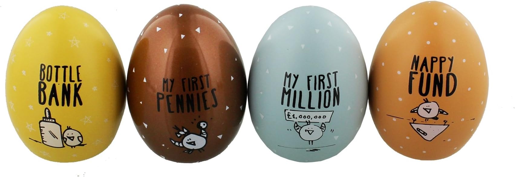 Eggcellent Set of 4 Egg Shaped Savings Pots Money Bank Baby in Egg Carton