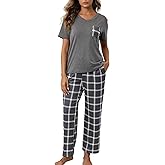 Luwnlorder Womens Pajama Sets 2 Piece Short Sleeve Pjs Tops and Long Pants Sleepwear Lounge Set with Pocket