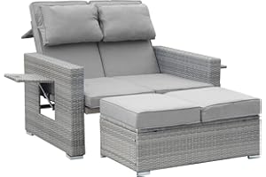 MEINV Wicker Patio Furniture Loveseat, 2 Pieces Outdoor Double Chaise Lounge, Large Rattan Couch Bed with Waterproof Cushion, Bench, Adjustable Backrest for Garden Daybed, Backyard, Pool, Balcony (Grey)