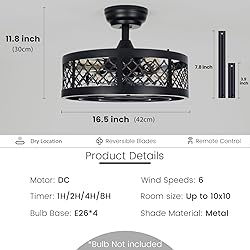 MOBEYU 16.5" Caged Ceiling Fan with Light,Rustic