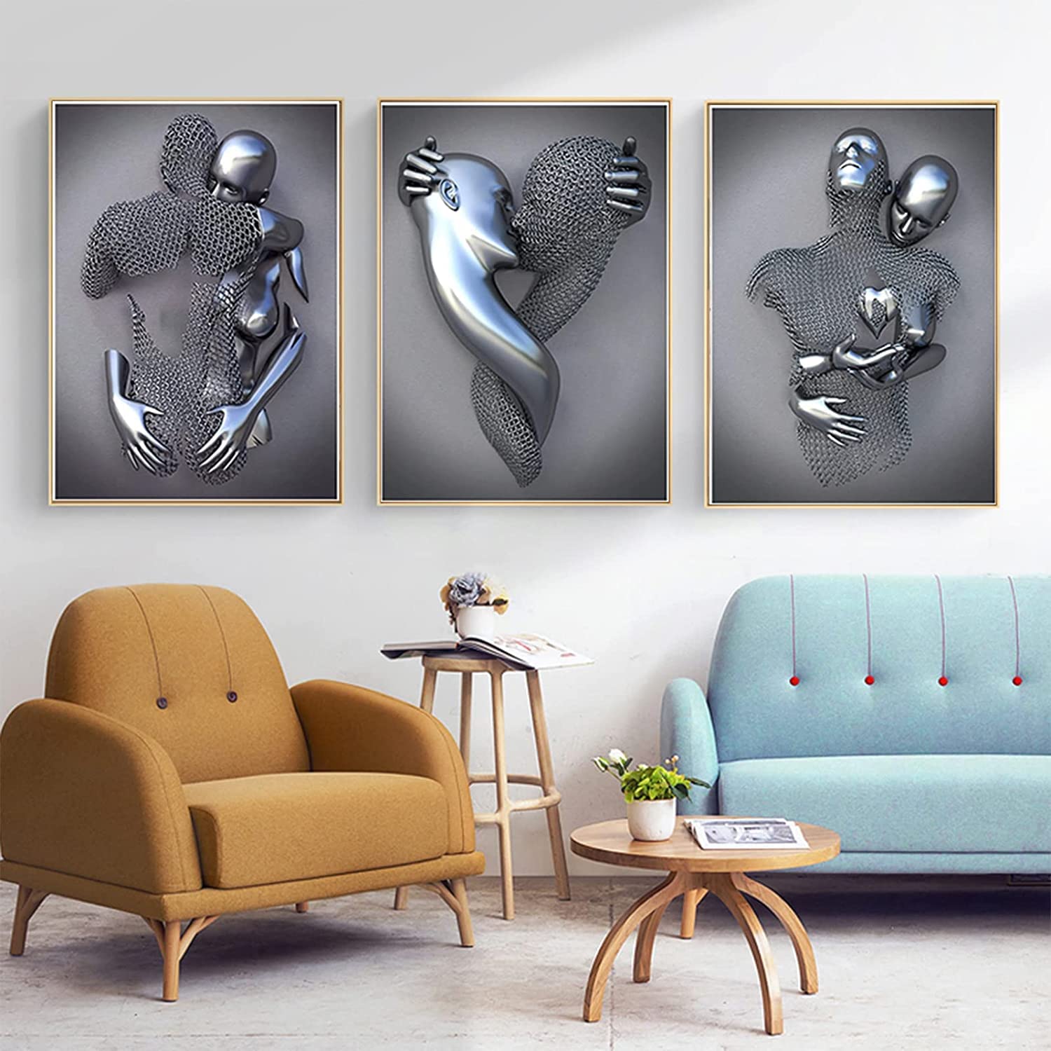 MKHFUW 3D Metal Figure Statue Art Love Heart Grey Theme Unframed Wall Art - Without Frame (Poster 50 x 70 cm x 3)