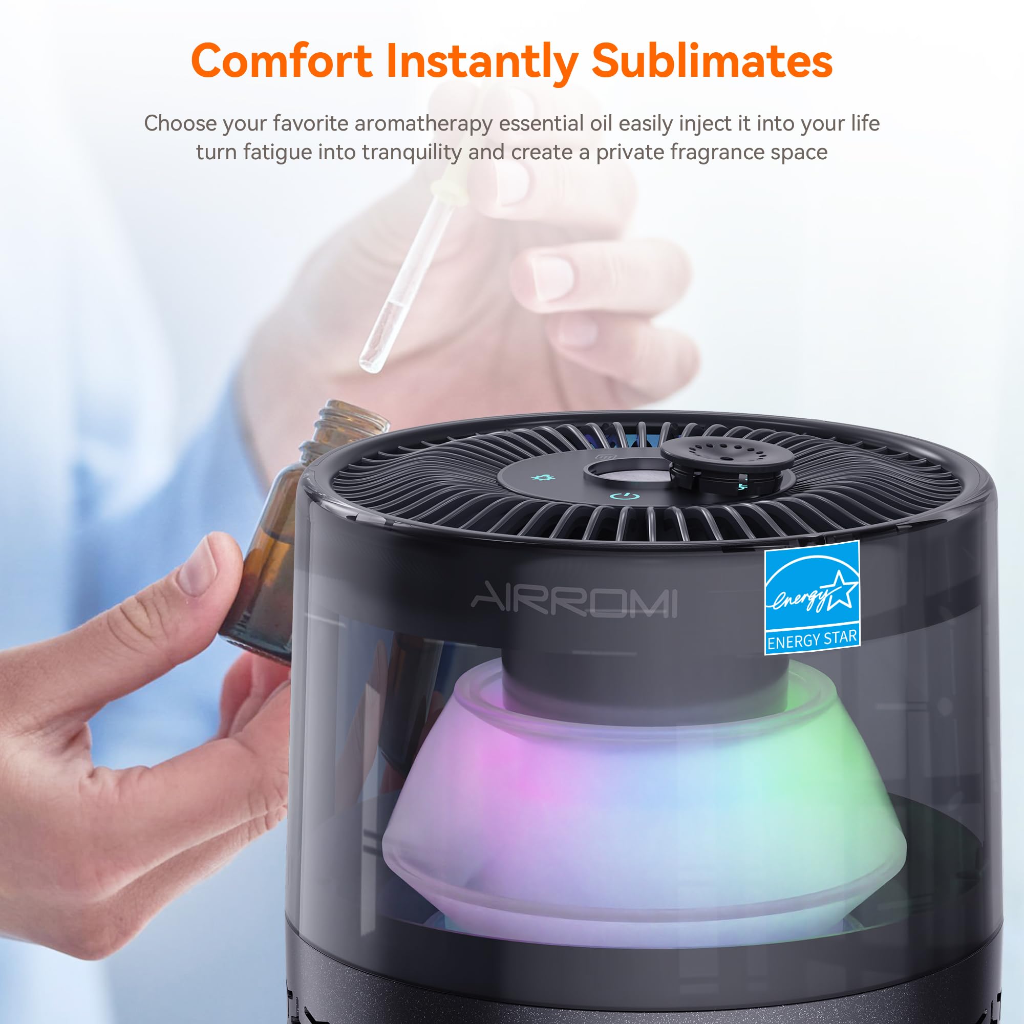 AIRROMI Air Purifiers for Bedroom Home,Up to 658 Ft²,Activated Carbon Filter Cleaner,With Fragrance Sponge for Better Sleep,Night Light,Pet Dander,Allergies,Smoke,Odor,Desktop Air Cleaner A2002 Grey