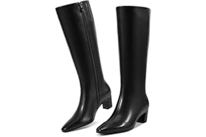 ISNOM Knee High Boots Women Chunky Low Heel Square Toe Elastic Boots Side Zipper Faux Leather Fall Long Tall Boot