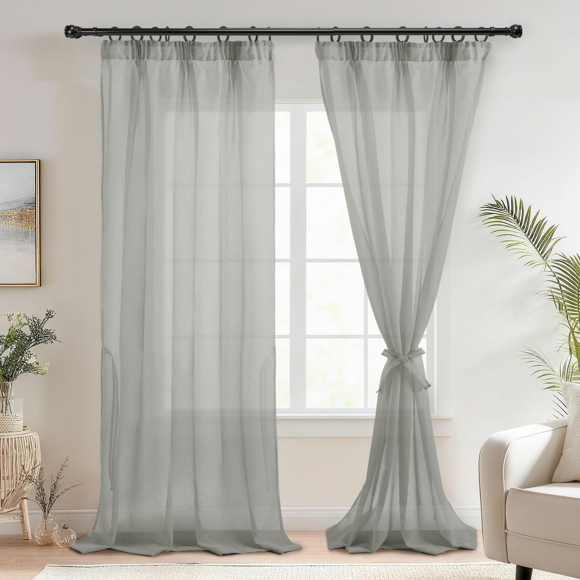 DWCN Sheer Curtains with Tiebacks Semi Transparent Voile Curtain Pencil Pleat Curtains for Bedroom 2 Panels, Grey, W55 x L96 Inch